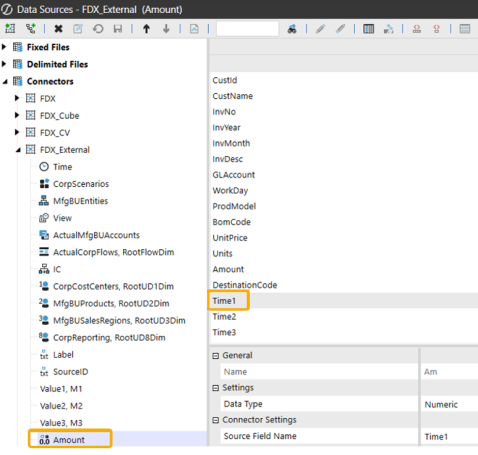 FdxExecuteWarehouseTimePivot is used to return data from an external warehouse data source to the FDX data table. Amount is mapped to the Time1 Source Field Name. Amount is highlighted and Time1 is outlined